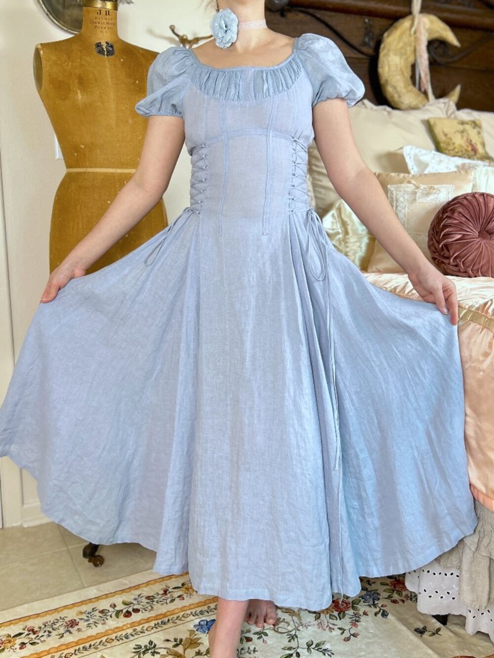 Linennaive Blue Linen Corset Milkmaid Dress, Ylang 18 Cinderella, Puff Sleeves